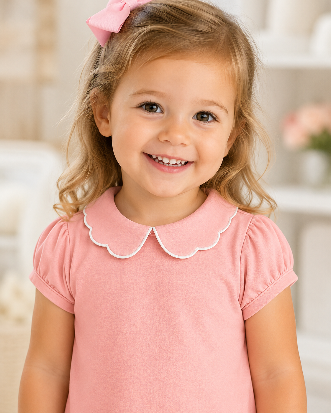 little girl in light pink Girl's Scalloped Collar short Sleeve Top, 100% cotton blank,  sizes 12M–10 — ARB Blanks