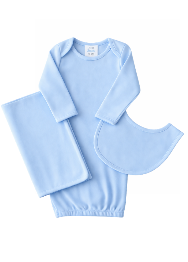 Blue Bundle -- gown, bib, and burp cloth in blue
