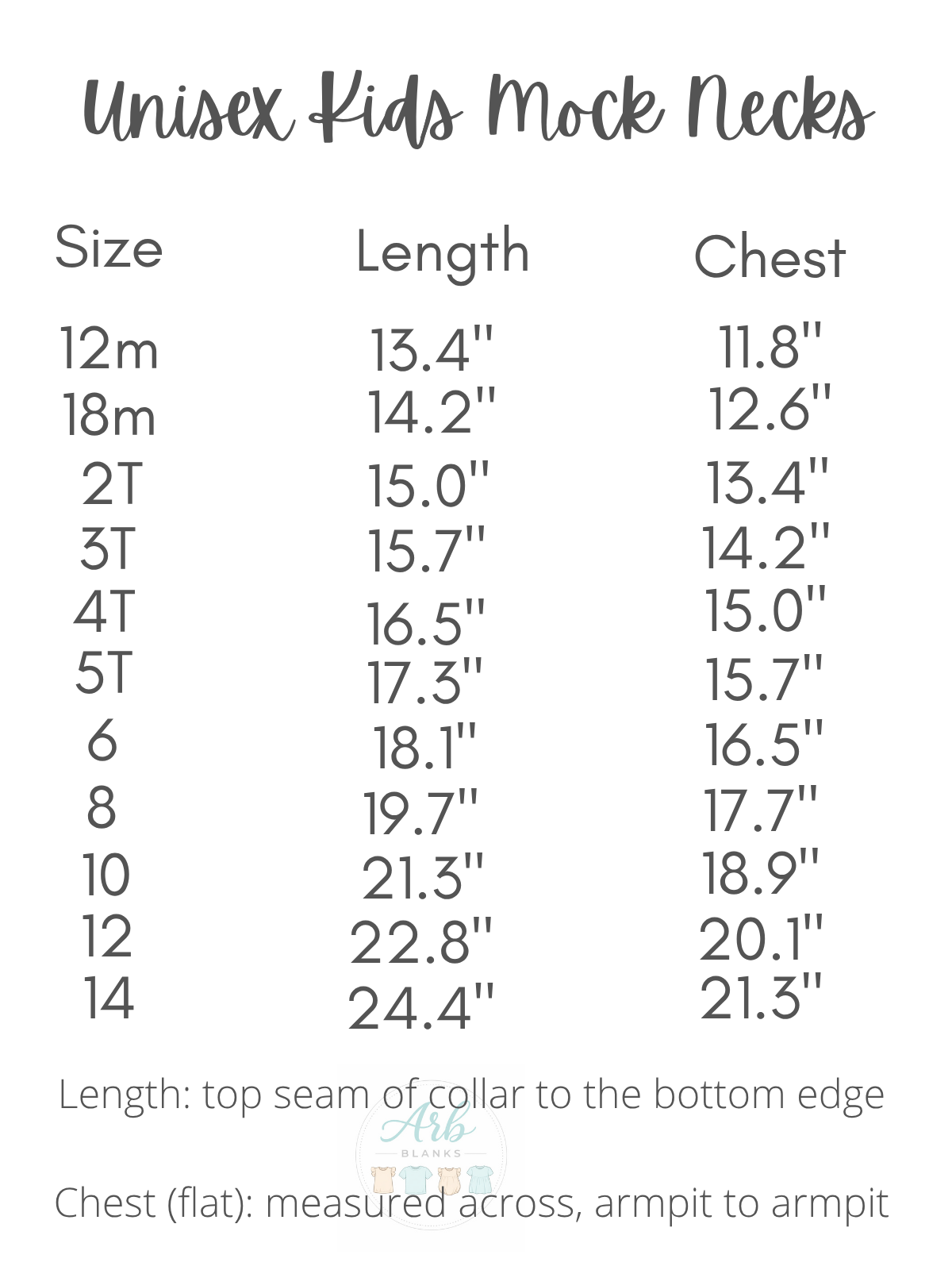 Kids Unisex Mock neck size chart