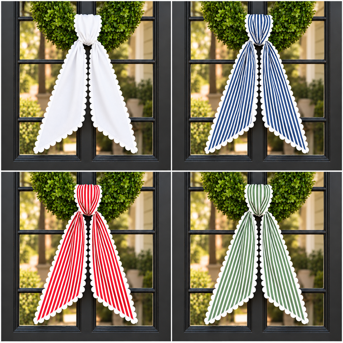 Striped ric rac wreath sashes in white, navy, red and green stripe on a boxwood wreath, embroidery blanks for holiday wreaths