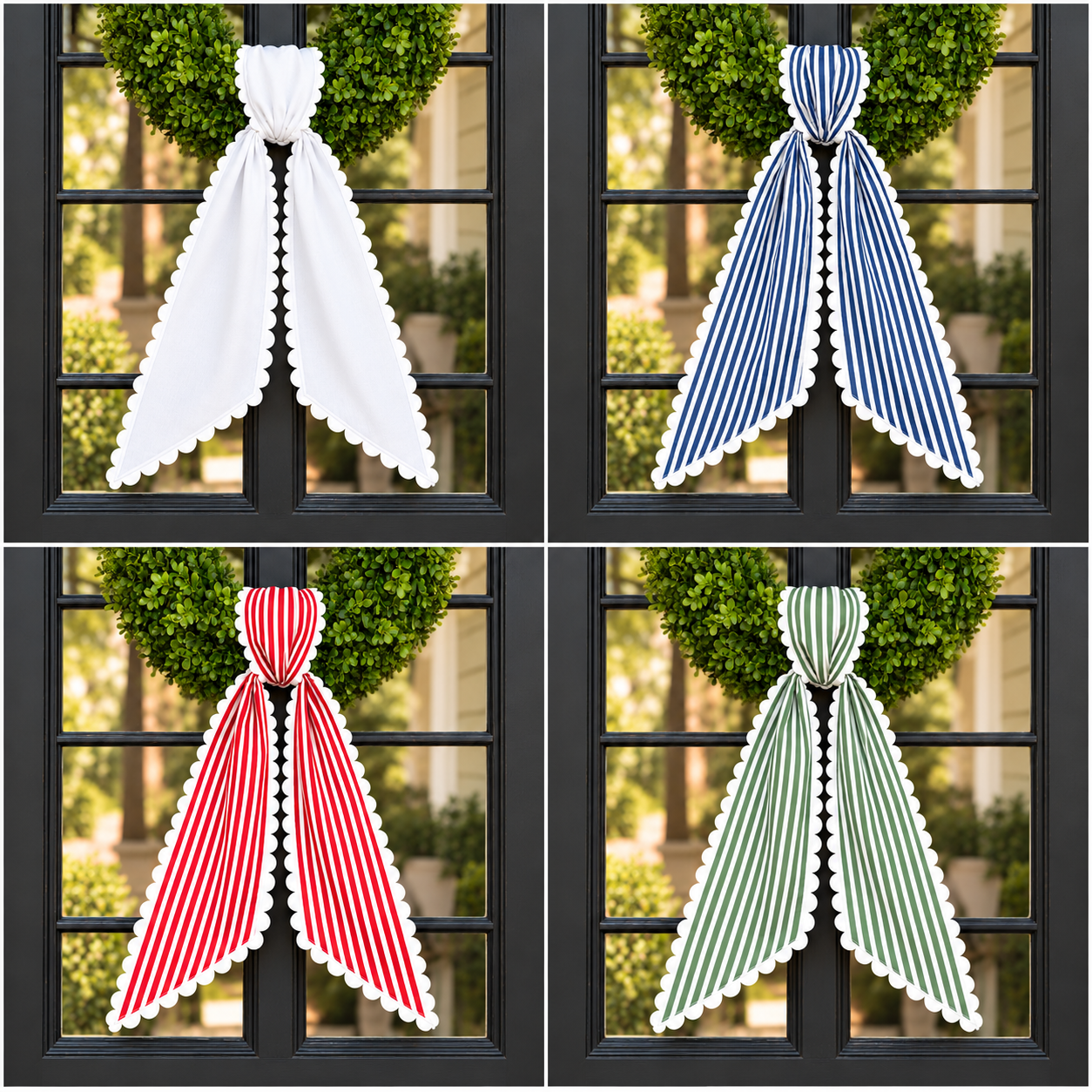 Striped ric rac wreath sashes in white, navy, red and green stripe on a boxwood wreath, embroidery blanks for holiday wreaths