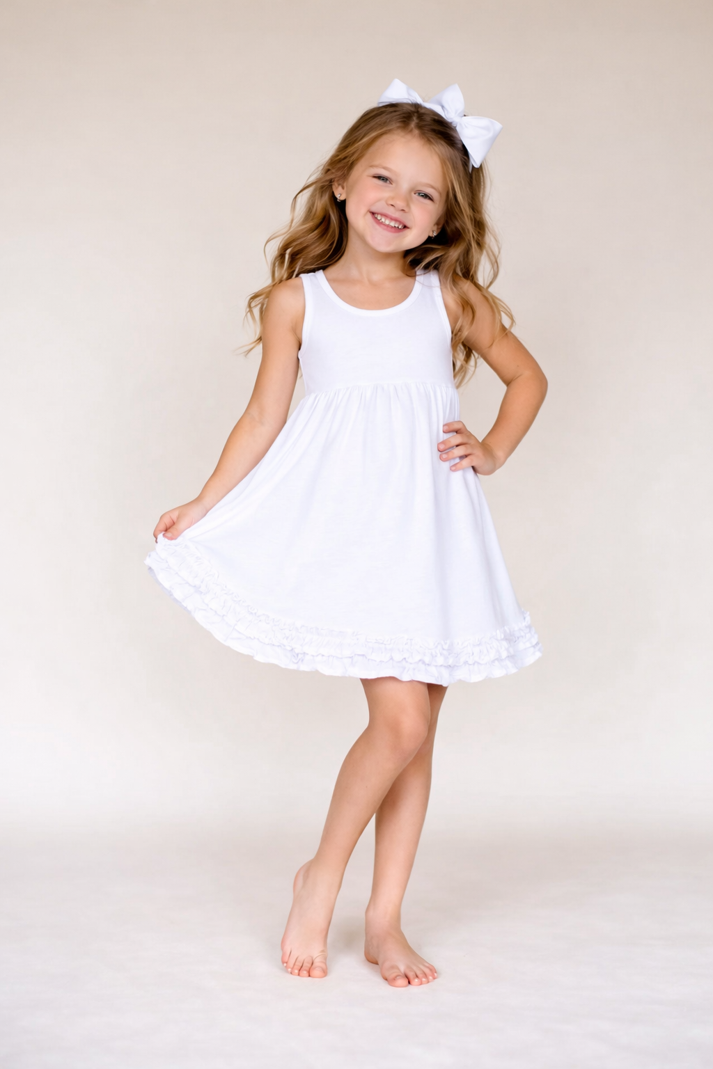 Girl's white sleeveless empire waist dress blank, 100% cotton, perfect for embroidery and boutique outfits, sizes 12M–10 — ARB Blanks