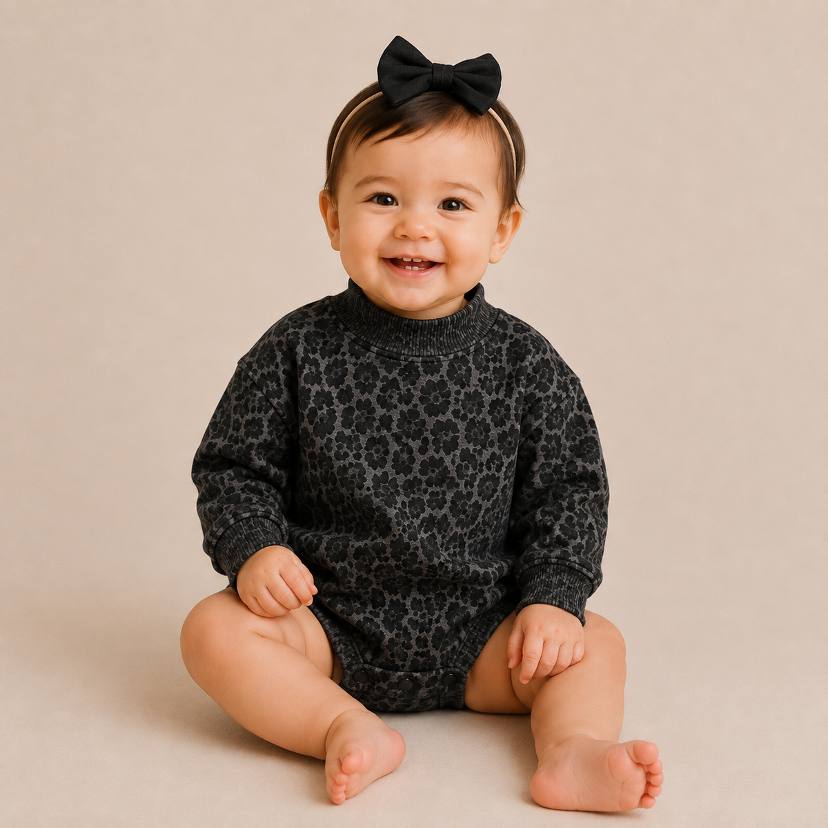 A baby sitting on a beige studio floor wearing a dark gray and black leopard-print long-sleeve romper and a black bow headband.