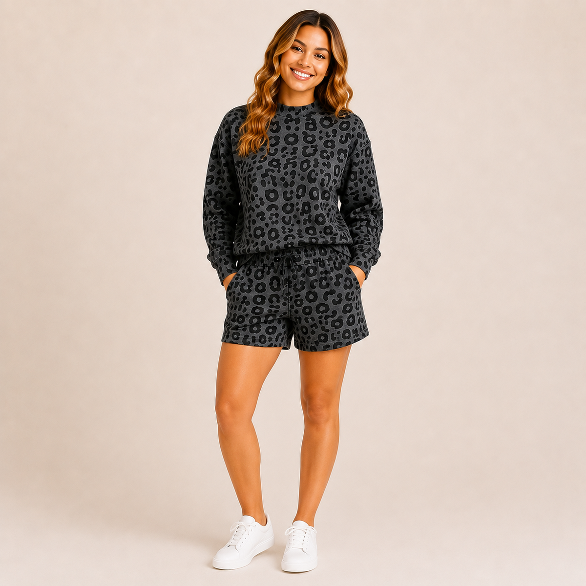 Gray Leopard Adult Collection | Mock Neck, Shorts & Sweatpants