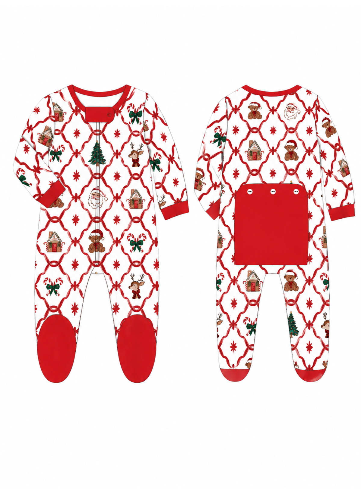 Christmas Button Flap Baby Footie – PRE-ORDER | Merry Dot, Jolly Stripes & Yuletide Toile | Newborn–18M