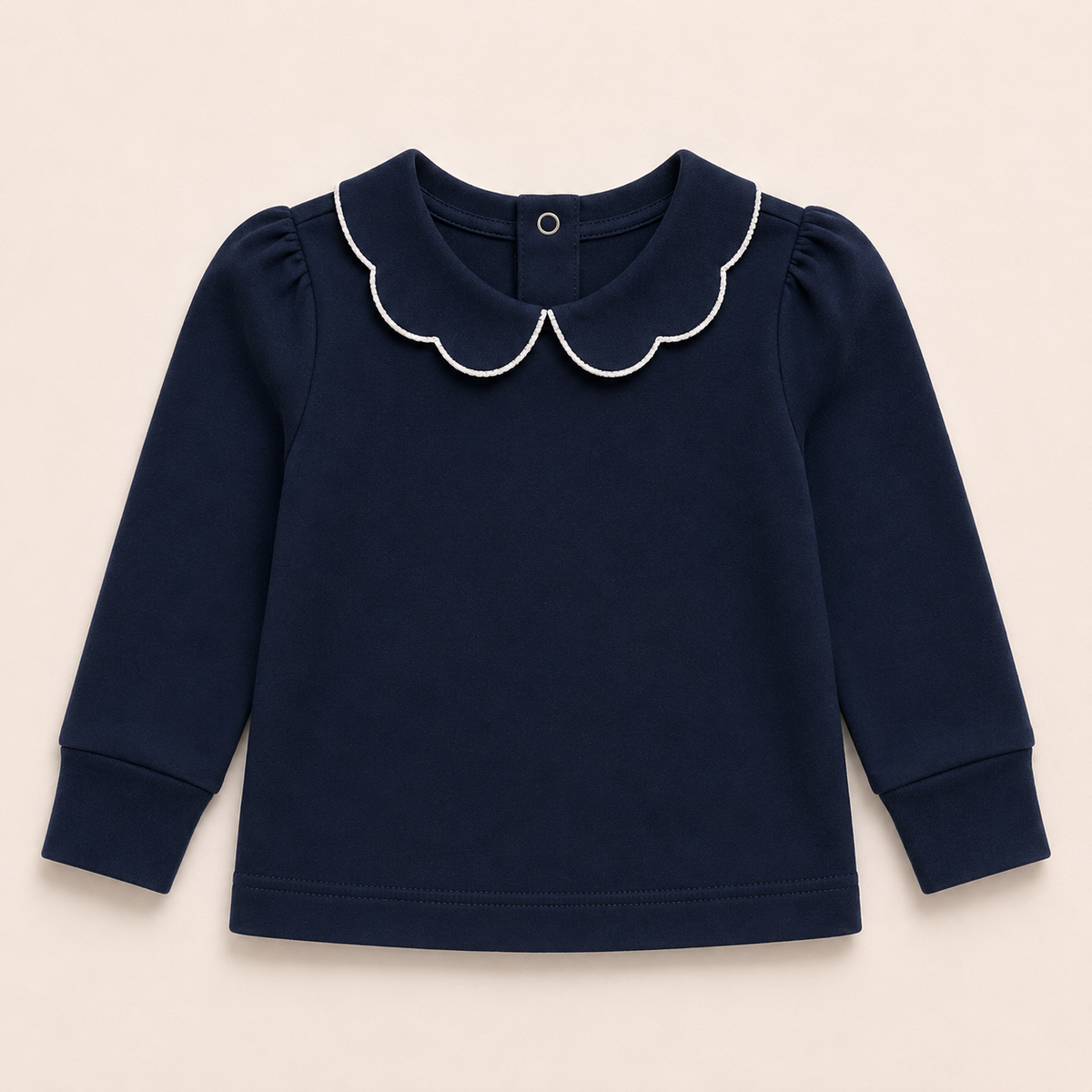 Navy Girl's Scalloped Collar  long Sleeve Top, 100% cotton blank,  sizes 12M–10 — ARB Blanks