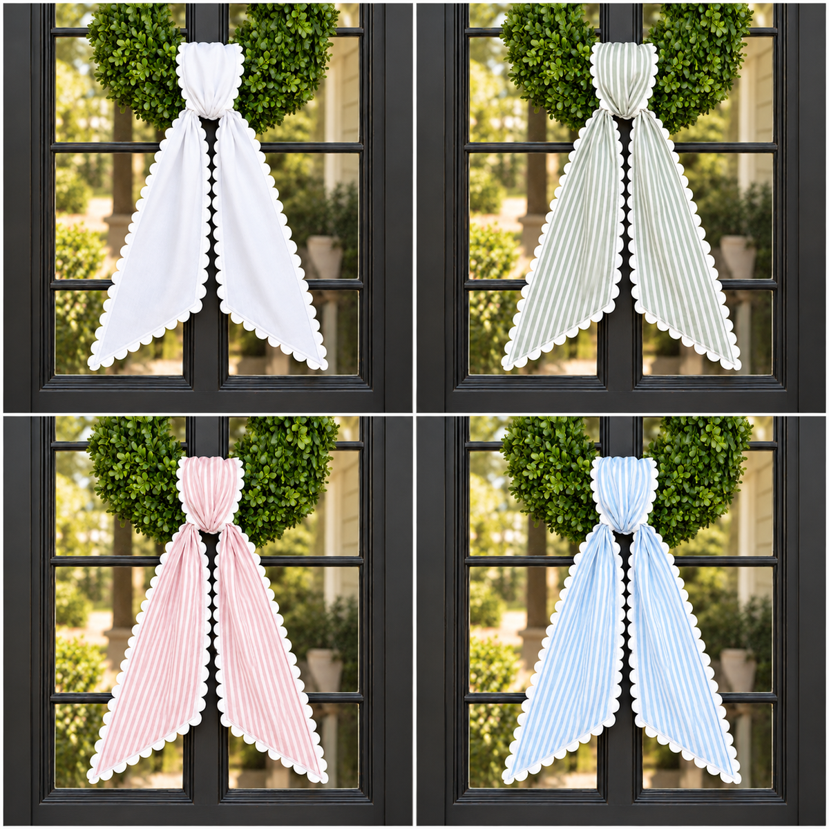 Striped ric rac wreath sashes in white, sage, pink and light blue stripe on a boxwood wreath, embroidery blanks