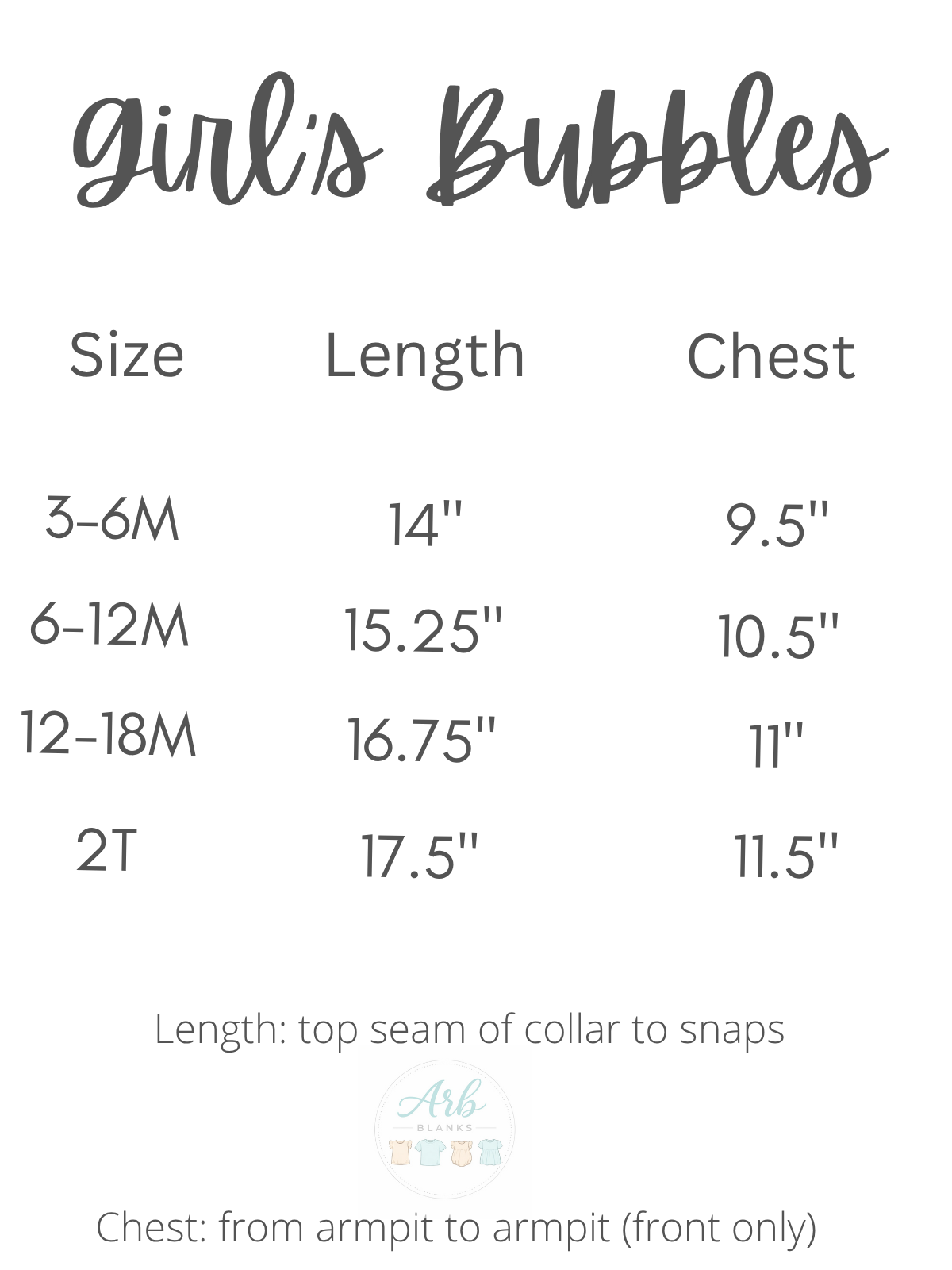 Size chart for 'Girl's Bubbles' with measurements for length and chest.