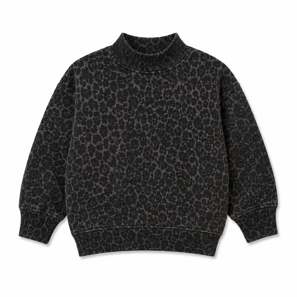 A black long-sleeve knit sweater with a subtle gray leopard print pattern, featuring a ribbed mock neck, cuffs, and hem, shown flat on a white background.