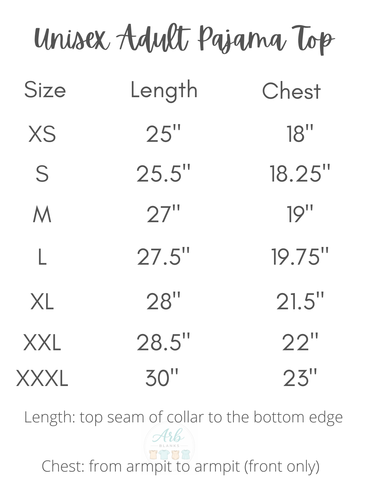 Adult pajama top size chart