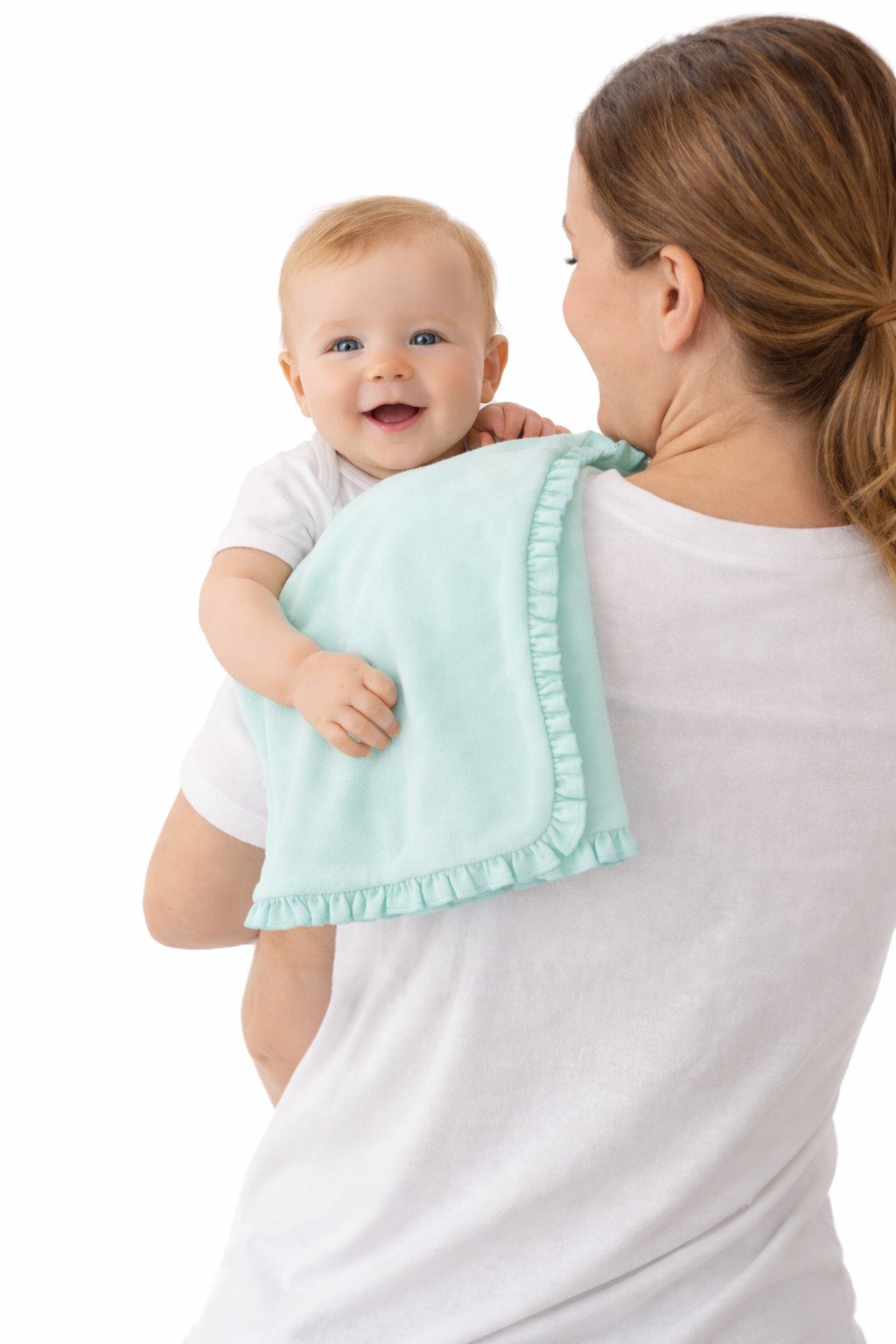 Ruffle baby burp cloth in use -- ARB Blanks cotton and chenille boutique blank, soft and absorbent