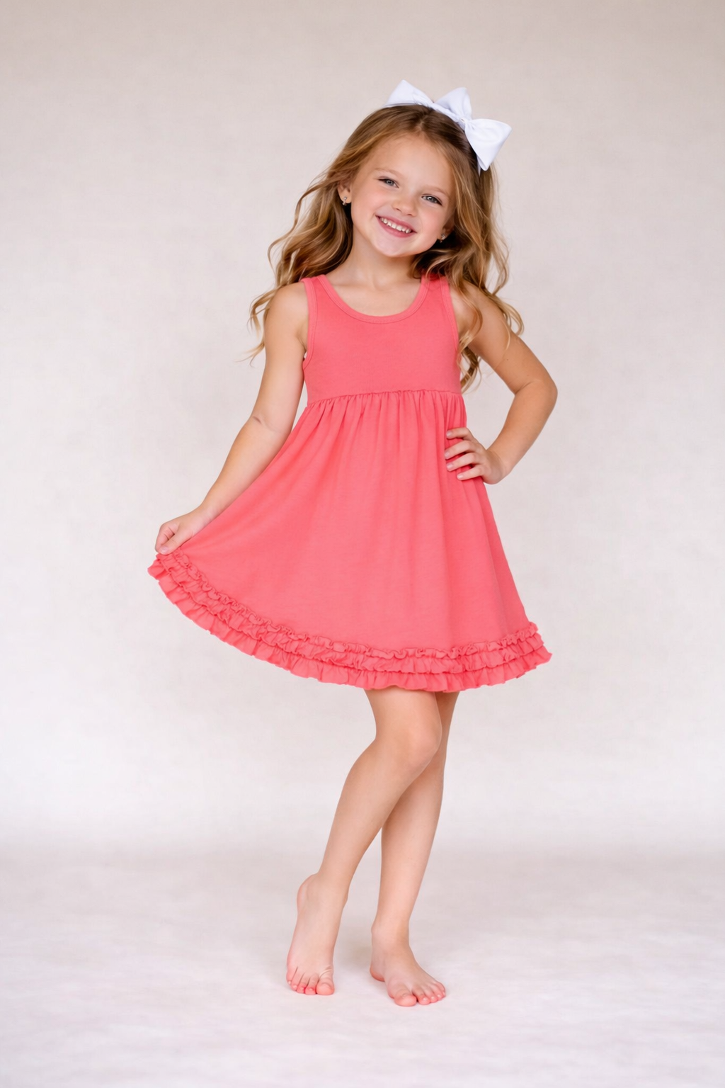 Apricot girl's sleeveless empire waist dress cotton blank, ruffle hem, embroidery and boutique ready — ARB Blanks