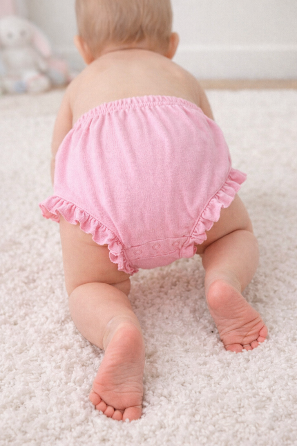 Back view of baby girl bloomers showing snap closure detail and cotton fabric — ARB Blanks