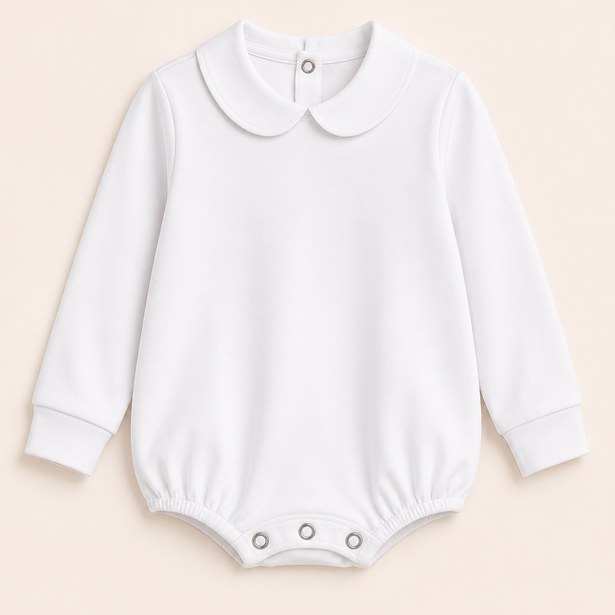 White Boy's Peter Pan Collar Long Sleeve Bubble Romper, 100% cotton blank, sizes 3M–2T — ARB Blanks