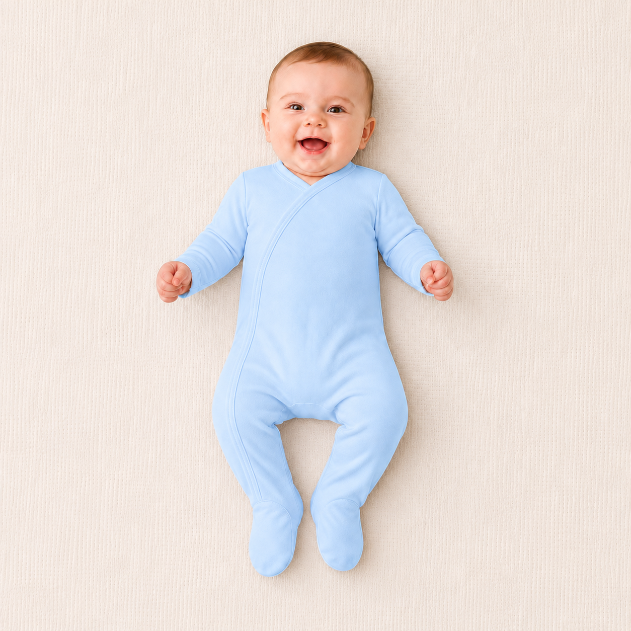 Baby blue plain baby footie with fold-over cuffs, kimono neckline, embroidery blank — ARB Blanks