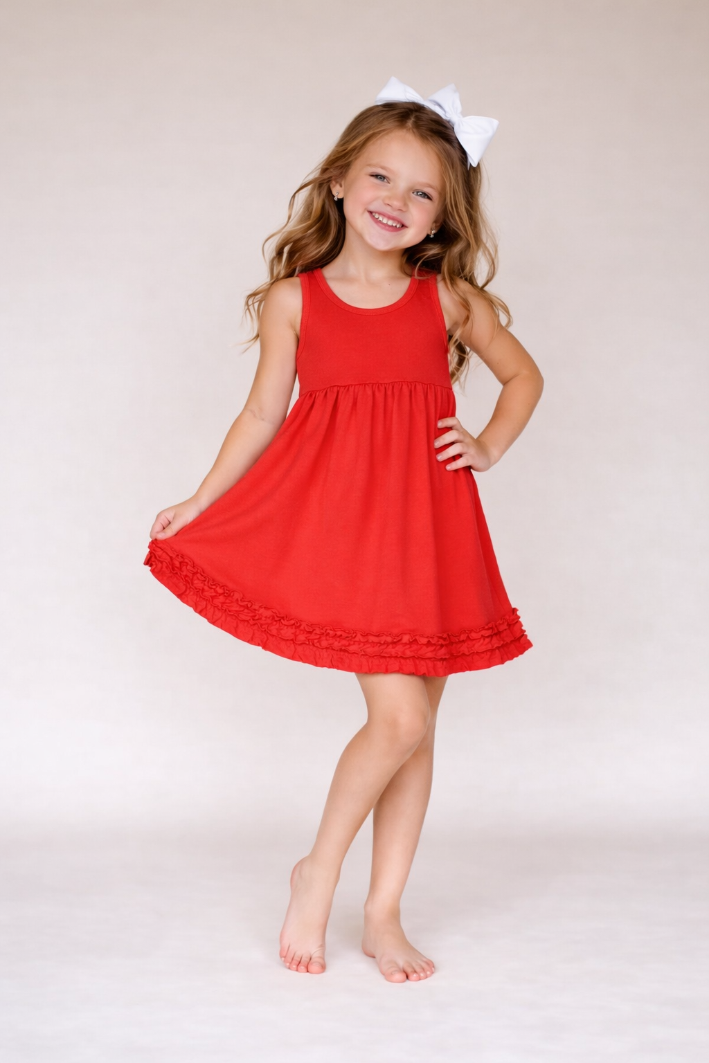 Red girl's sleeveless empire waist dress blank for embroidery, HTV, and boutique customization — ARB Blanks