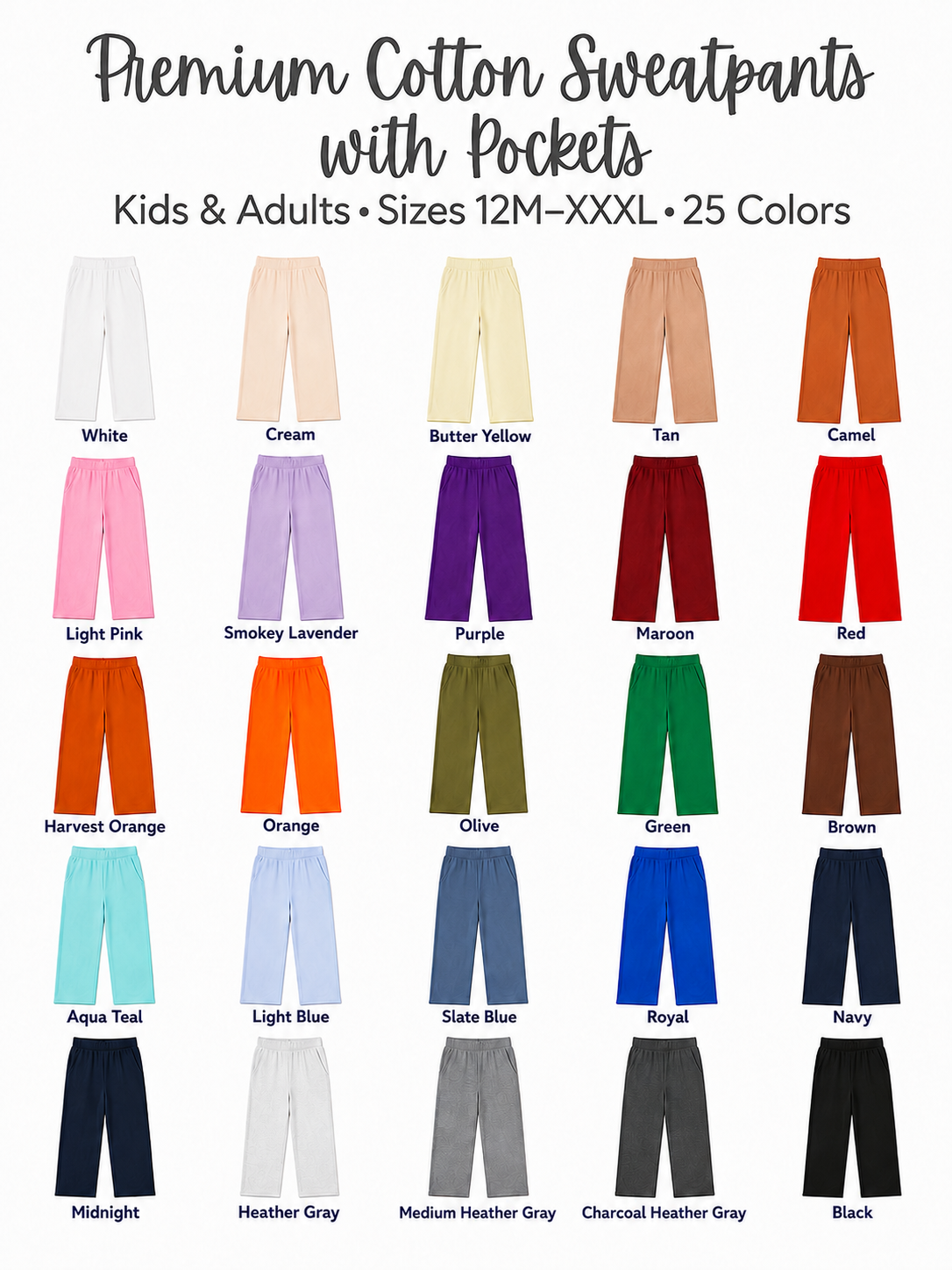 Adult Premium Cotton Sweatpants with Pockets | PRE-ORDER 6| Embroidery, HTV & DTF Blank | 25 Colors