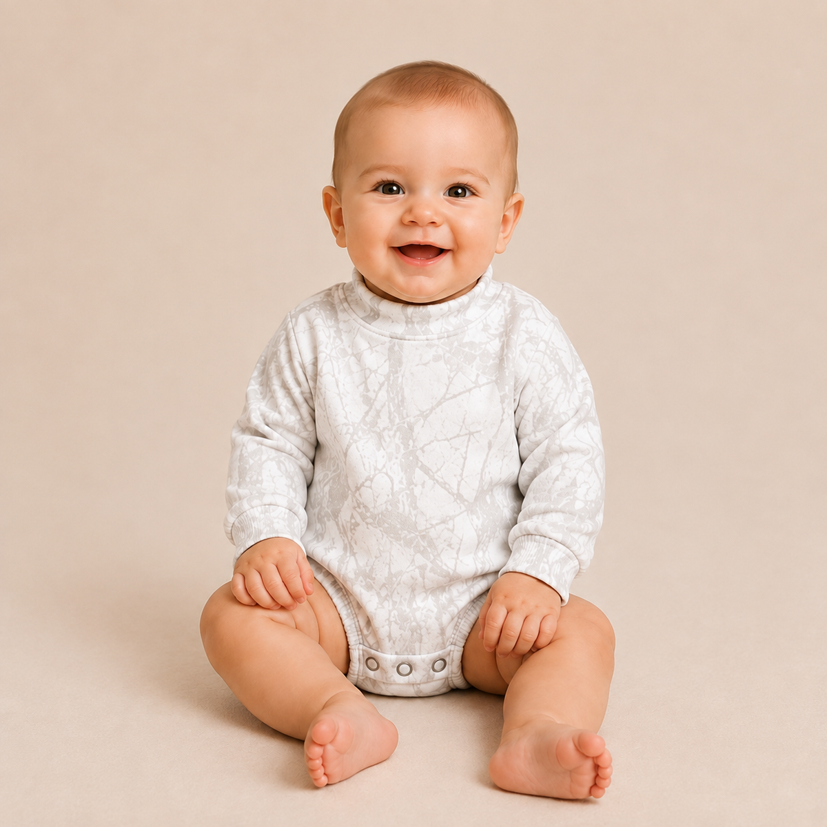A smiling baby sitting on a beige studio background, wearing a light gray and white patterned long-sleeve bodysuit.