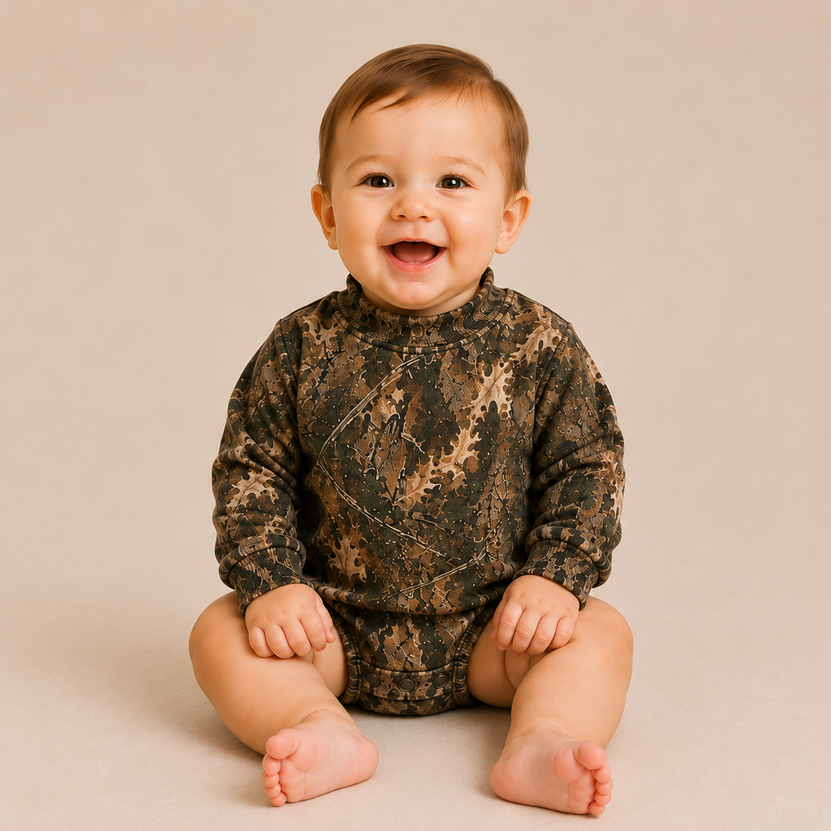 A smiling baby sitting cross-legged on a plain beige studio background, wearing a long-sleeve camouflage romper in dark green, brown, and tan.
