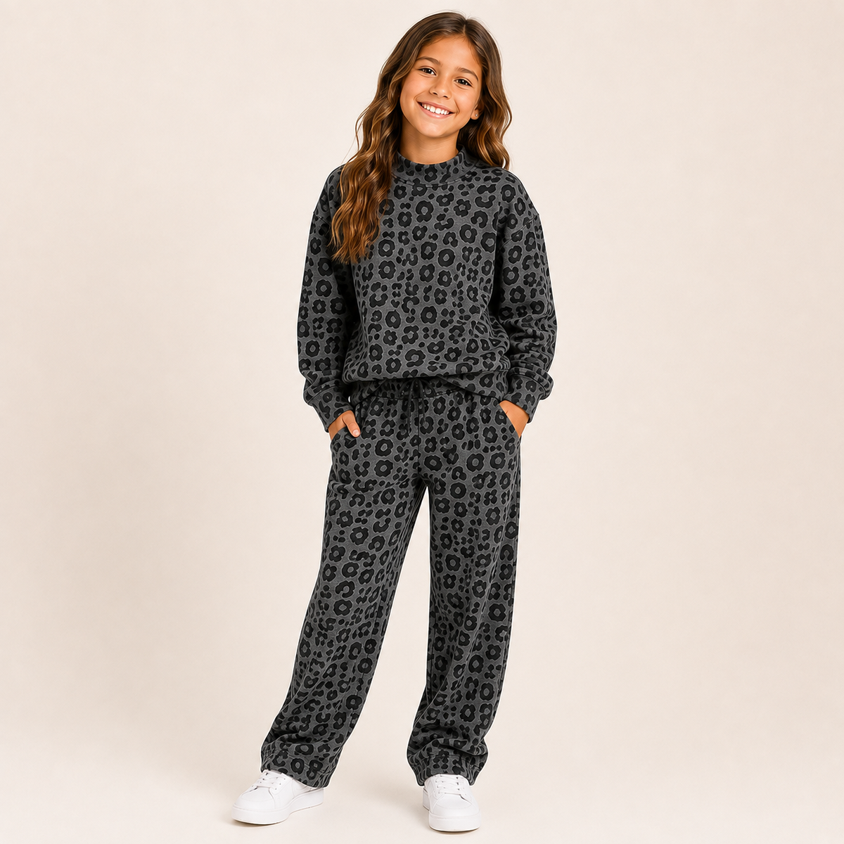 Gray Leopard Kids Collection | Mock Neck, Shorts & Sweatpants