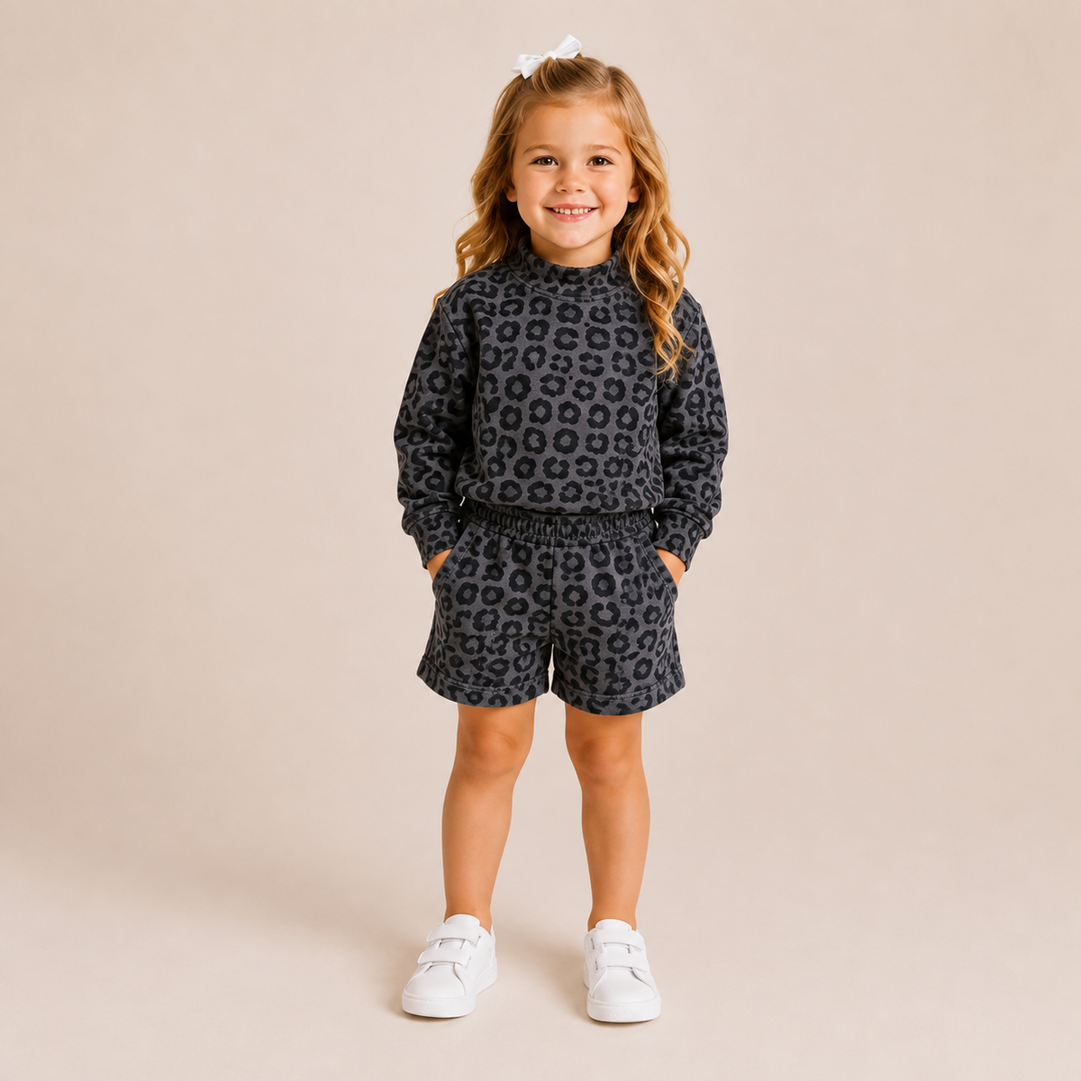 Gray Leopard Kids Collection | Mock Neck, Shorts & Sweatpants