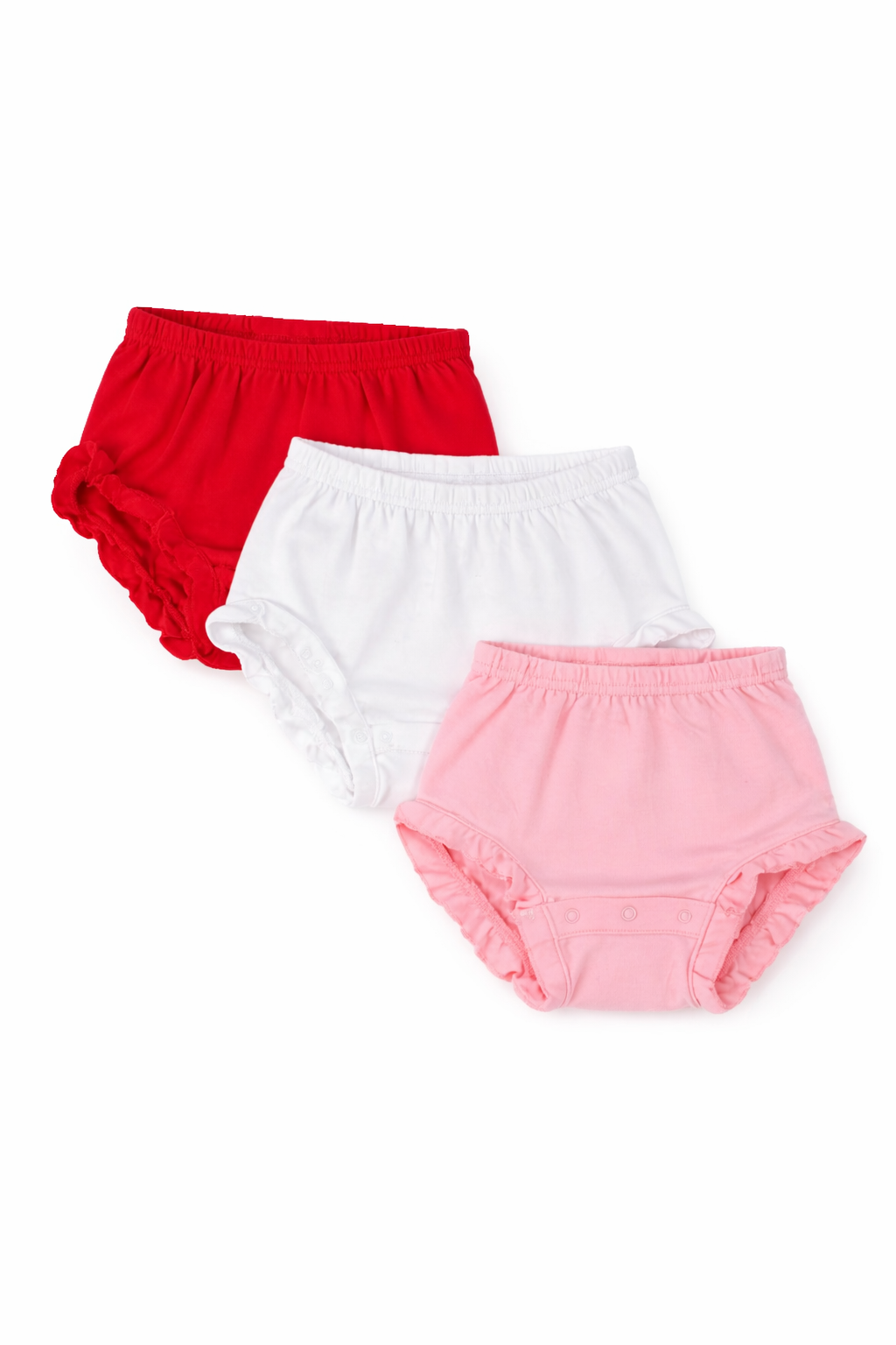 Baby ruffle bloomers in red, white, and pink – 100% cotton diaper covers for embroidery
