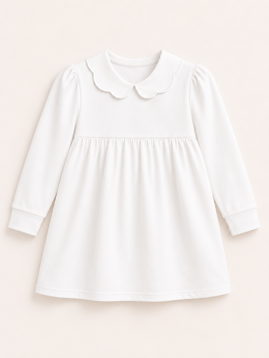 Girl's Scalloped Collar Long Sleeve Dress – Empire Waist │ Cotton Blank with White Contrast Piping │ 5 Colors │ Sizes 12M–10