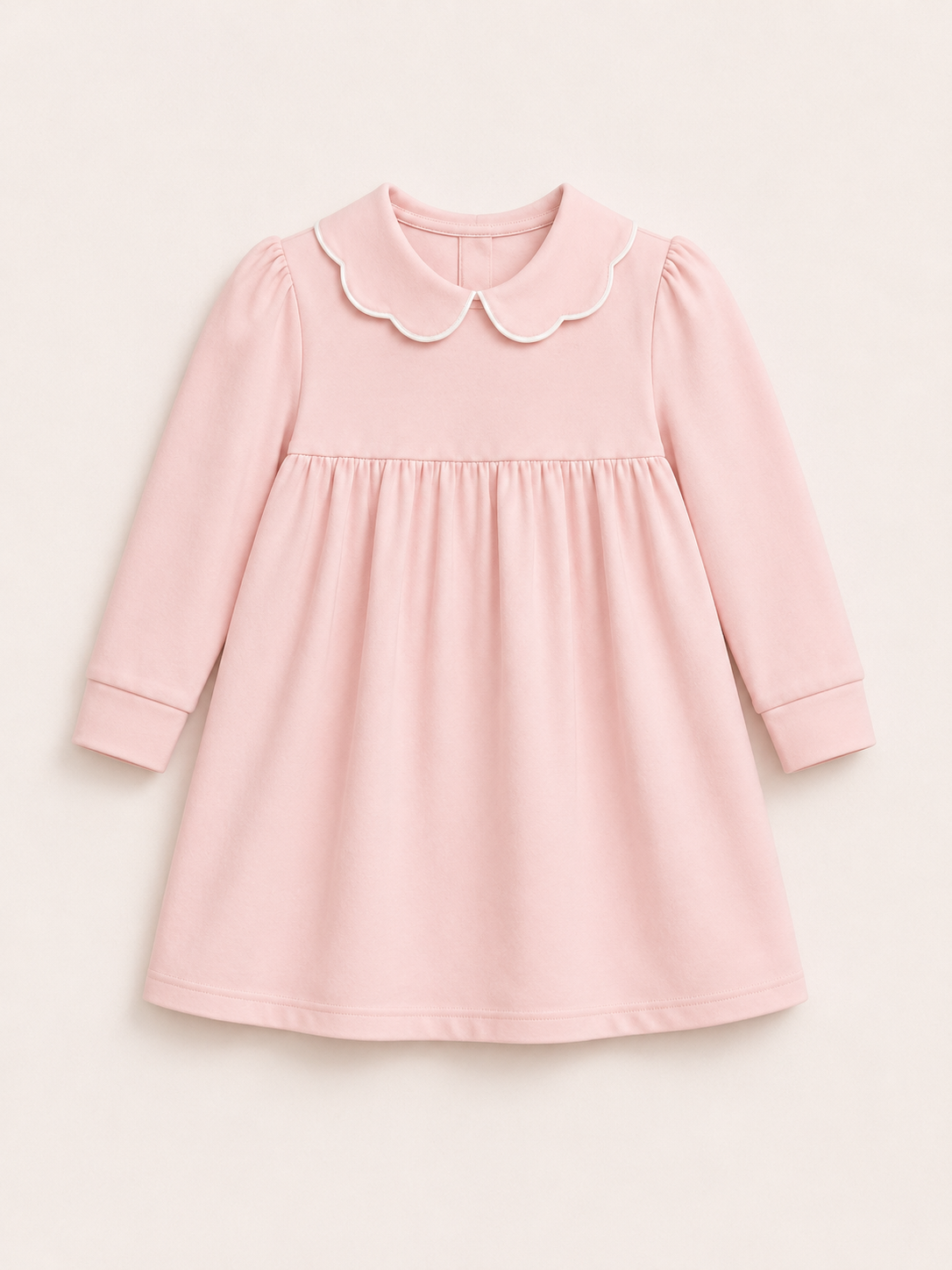 Girl's Scalloped Collar Long Sleeve Dress – Empire Waist │ Cotton Blank with White Contrast Piping │ 5 Colors │ Sizes 12M–10