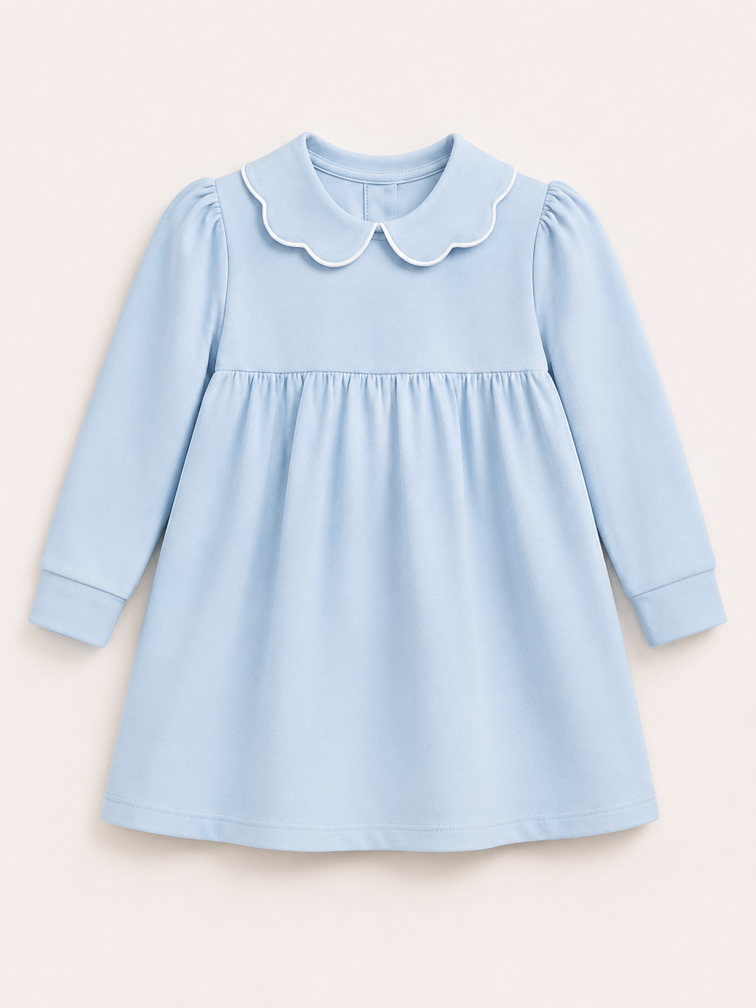 Girl's Scalloped Collar Long Sleeve Dress – Empire Waist │ Cotton Blank with White Contrast Piping │ 5 Colors │ Sizes 12M–10