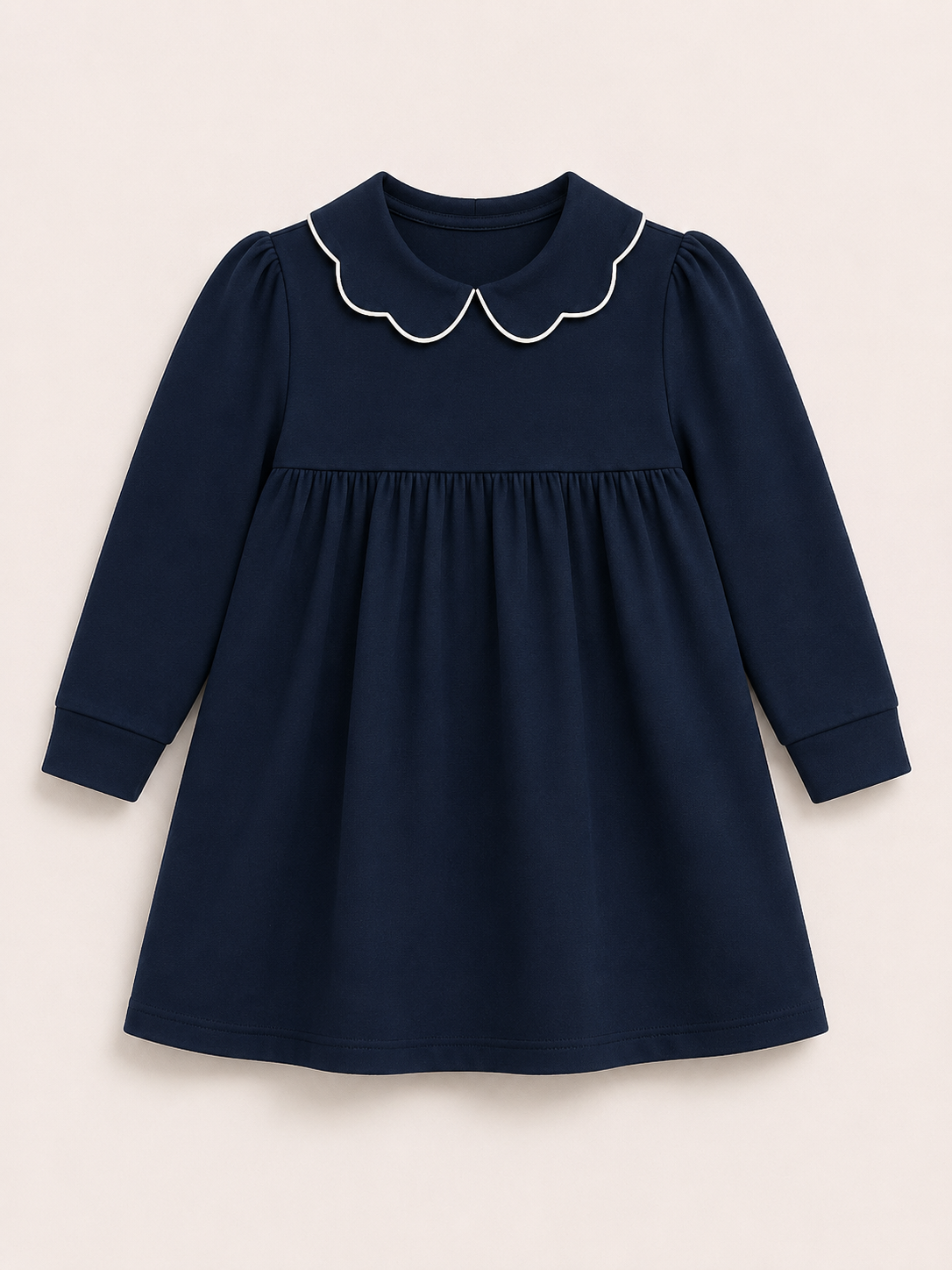 Girl's Scalloped Collar Long Sleeve Dress – Empire Waist │ Cotton Blank with White Contrast Piping │ 5 Colors │ Sizes 12M–10