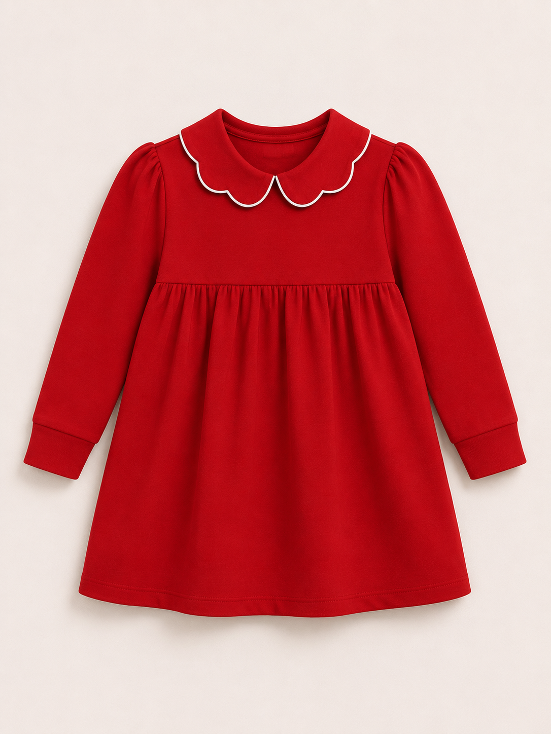 Girl's Scalloped Collar Long Sleeve Dress – Empire Waist │ Cotton Blank with White Contrast Piping │ 5 Colors │ Sizes 12M–10
