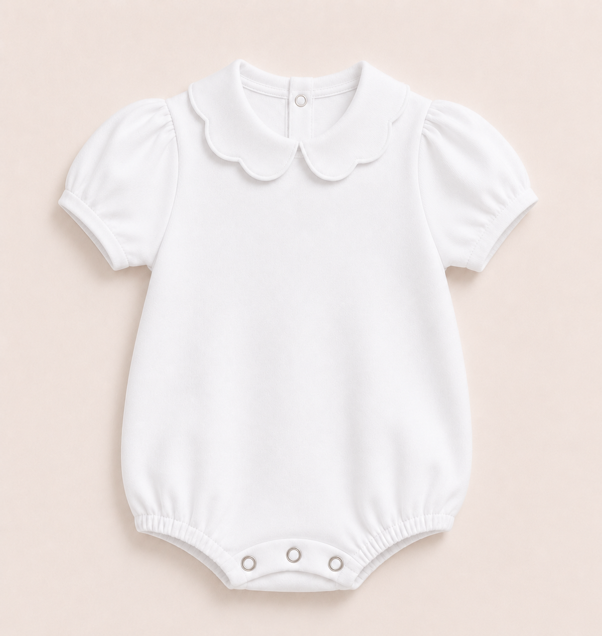 White Girl's Scalloped Collar Short Sleeve Bubble Romper, 100% cotton blank,  sizes 3M–2T — ARB Blanks
