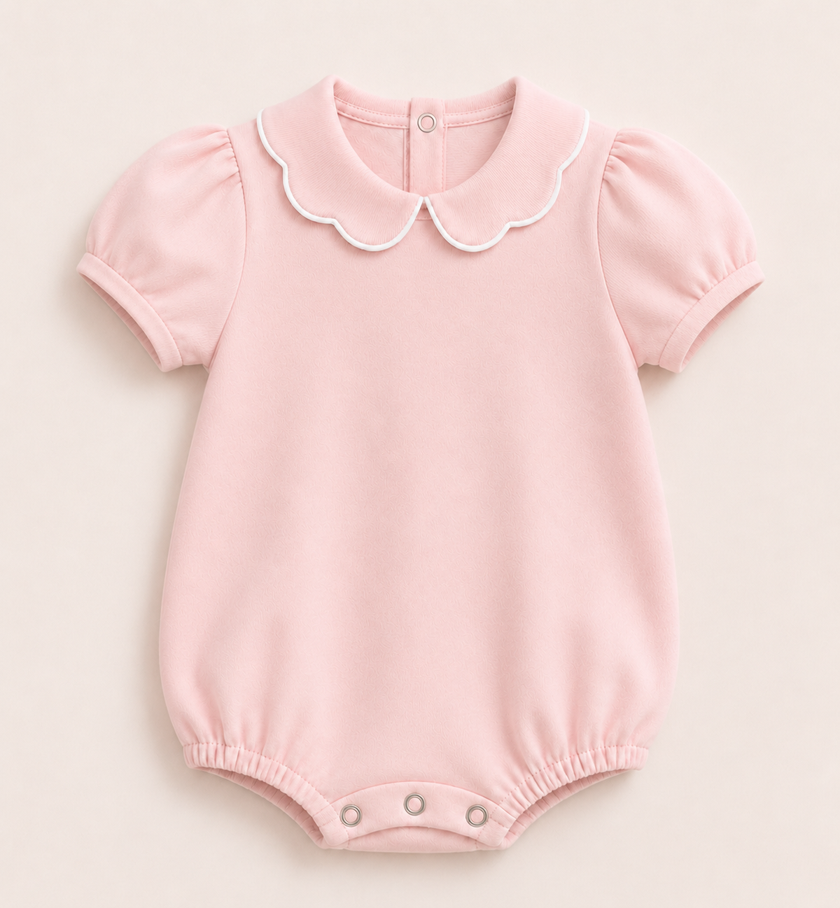 Light Pink Girl's Scalloped Collar Short Sleeve Bubble Romper, 100% cotton blank,  sizes 3M–2T — ARB Blanks