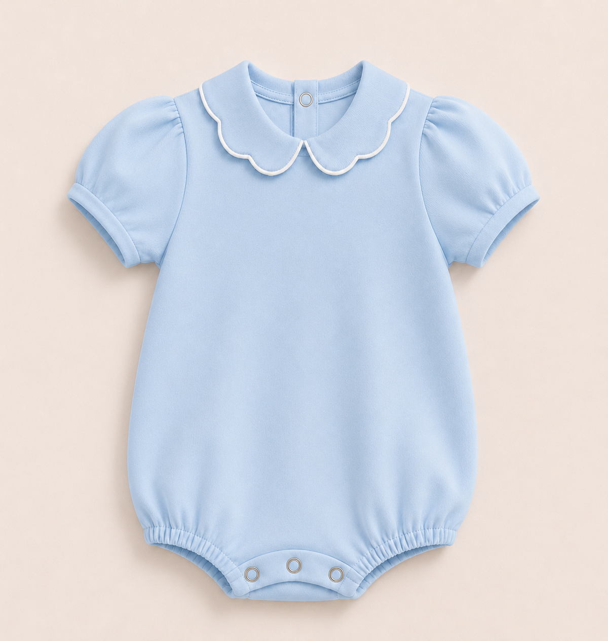 Light Blue Girl's Scalloped Collar Short Sleeve Bubble Romper, 100% cotton blank,  sizes 3M–2T — ARB Blanks