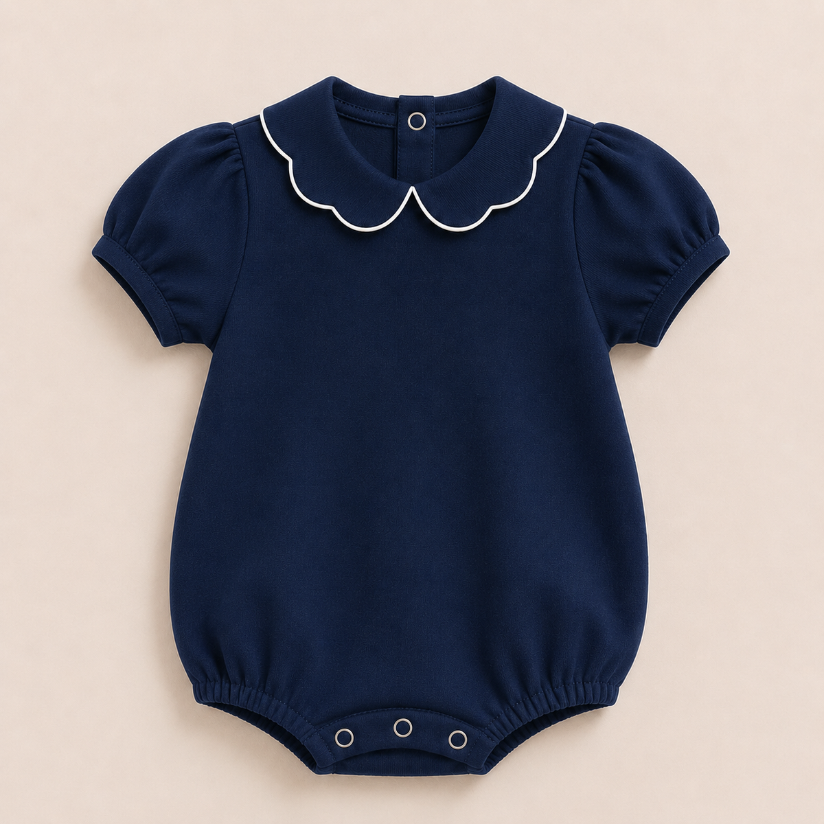 Navy Girl's Scalloped Collar Short Sleeve Bubble Romper, 100% cotton blank,  sizes 3M–2T — ARB Blanks