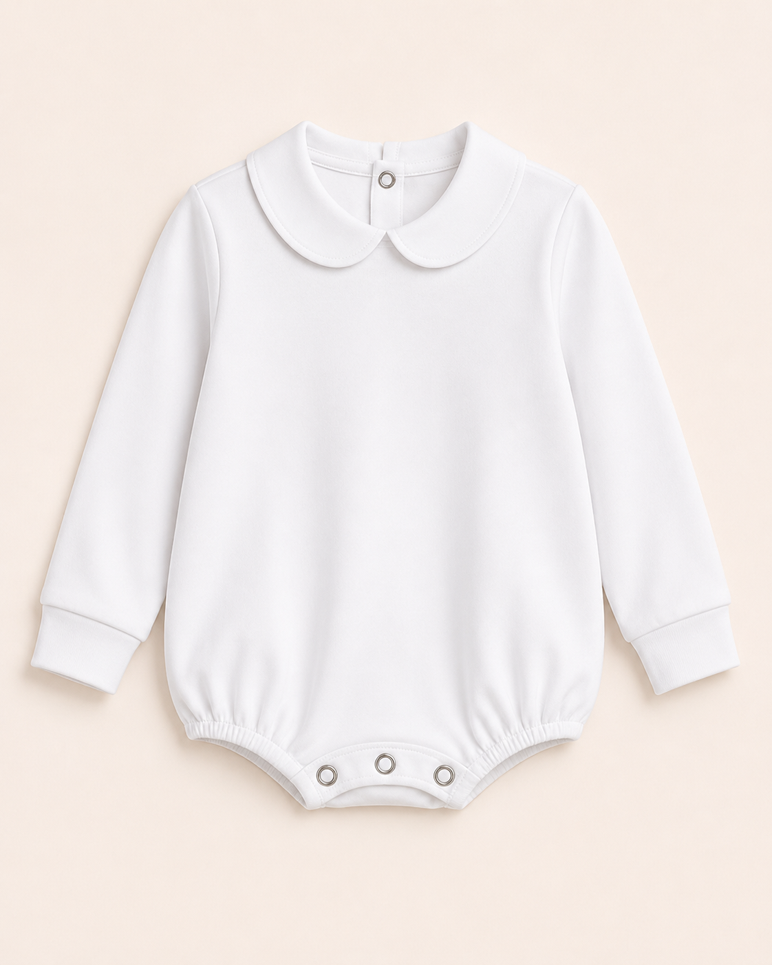 White Boy's Peter Pan Collar Long Sleeve Bubble Romper, 100% cotton blank, sizes 3M–2T — ARB Blanks