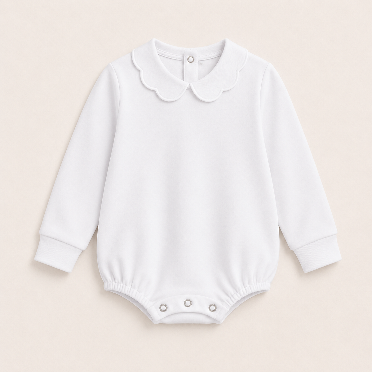 White Girl's Scalloped Collar Long Sleeve Bubble Romper, 100% cotton blank,  sizes 3M–2T — ARB Blanks