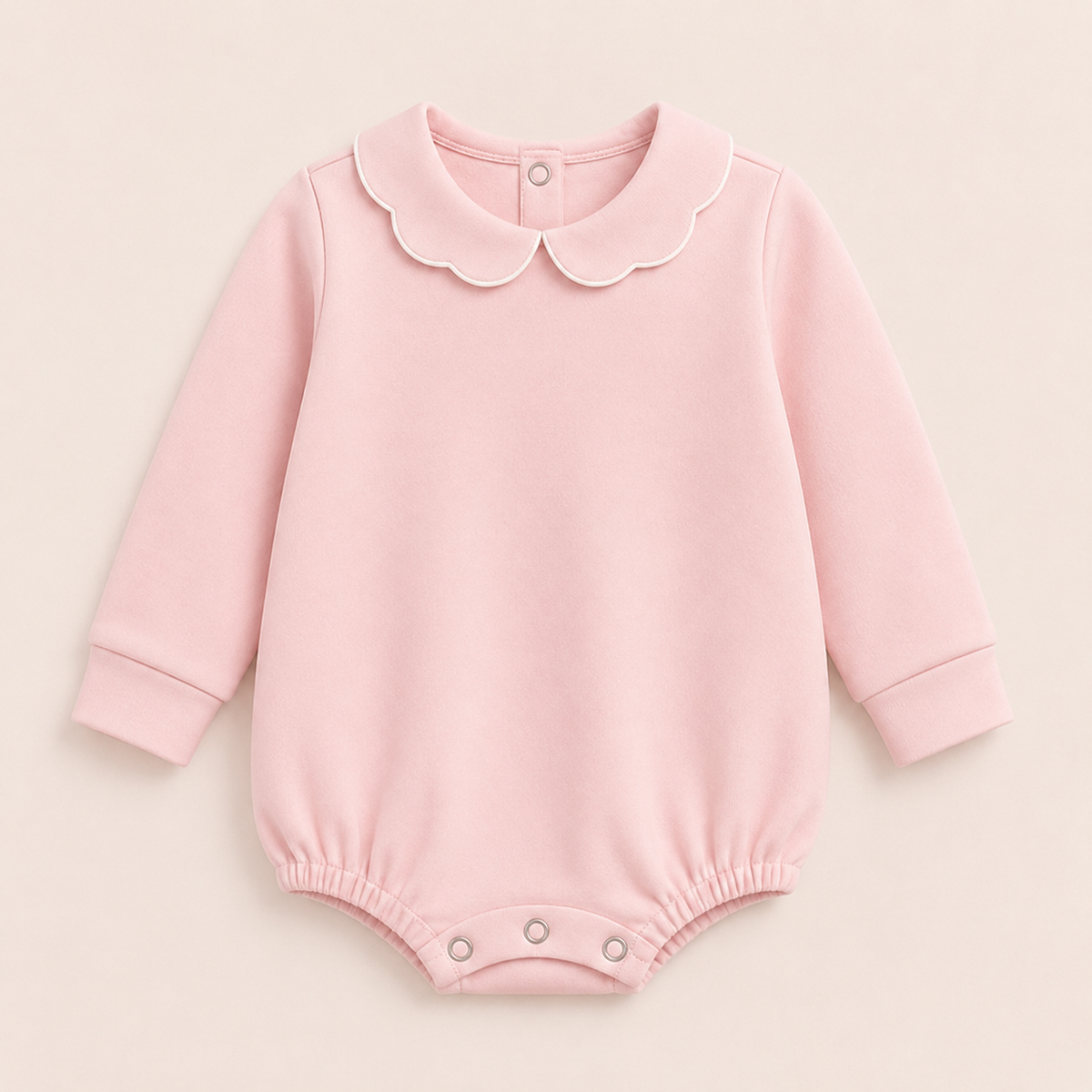 Light Pink Girl's Scalloped Collar Long Sleeve Bubble Romper, 100% cotton blank,  sizes 3M–2T — ARB Blanks