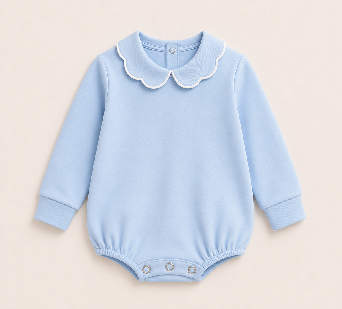 Light Blue Girl's Scalloped Collar Long Sleeve Bubble Romper, 100% cotton blank,  sizes 3M–2T — ARB Blanks