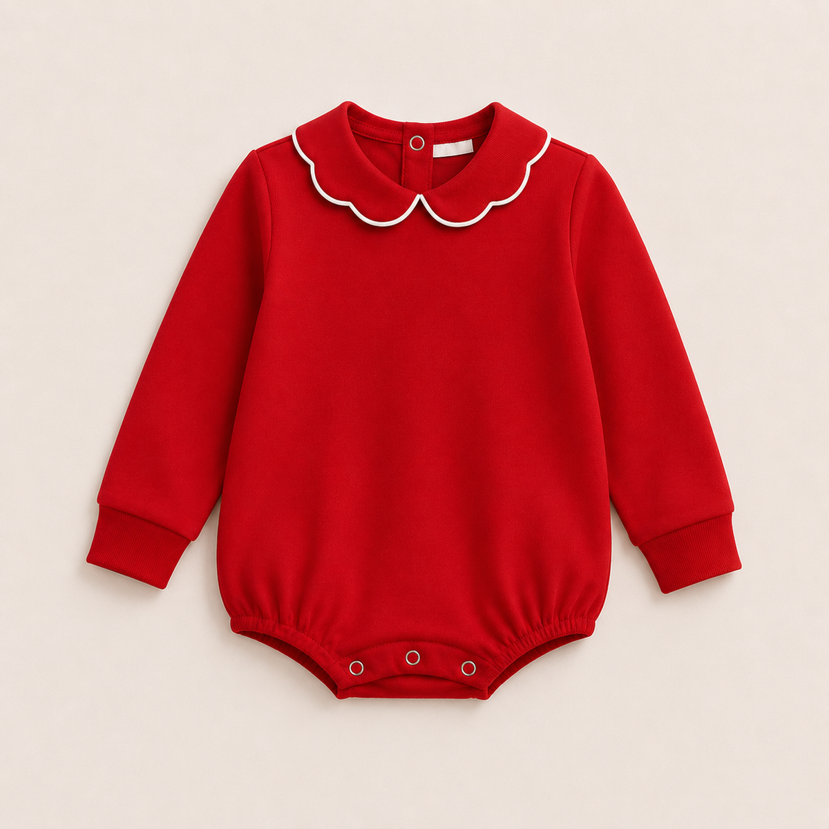 red Girl's Scalloped Collar Long Sleeve Bubble Romper, 100% cotton blank,  sizes 3M–2T — ARB Blanks