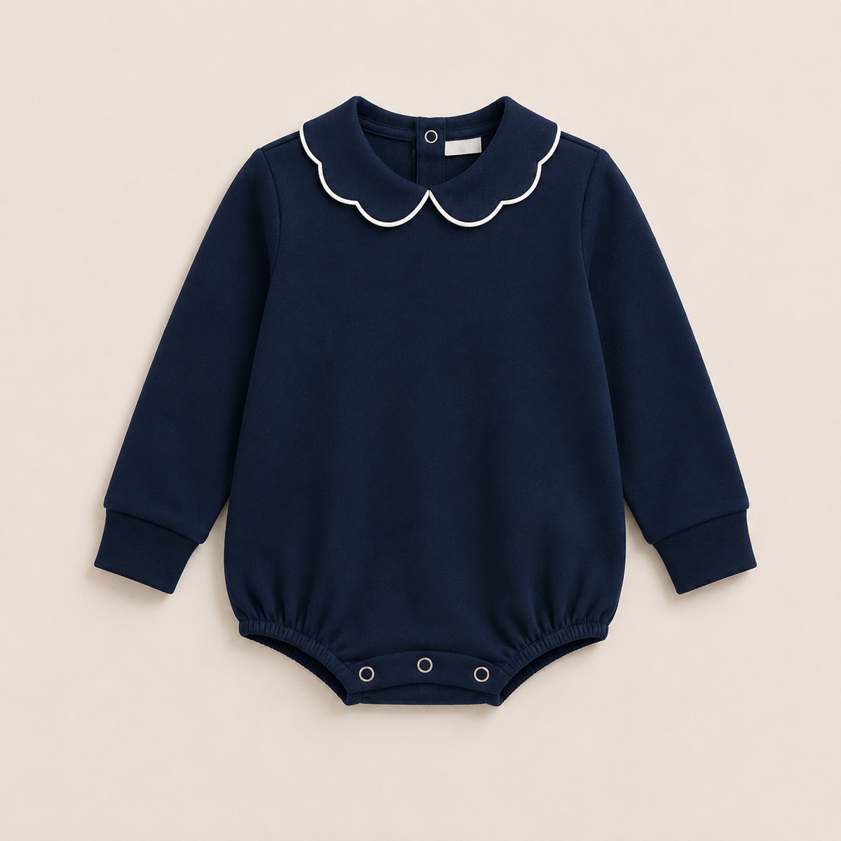 Navy Girl's Scalloped Collar Long Sleeve Bubble Romper, 100% cotton blank,  sizes 3M–2T — ARB Blanks