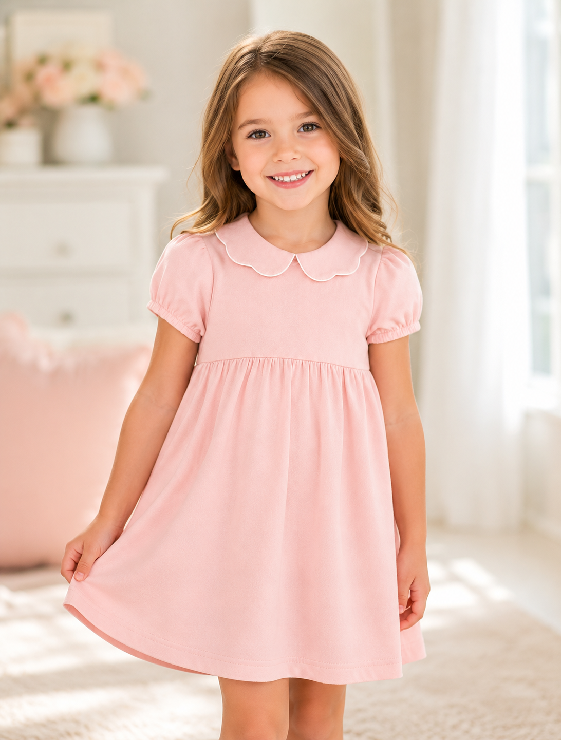 Girl's Scalloped Collar Short Sleeve Dress – Empire Waist │ Cotton Blank with White Contrast Piping │ 5 Colors │ Sizes 12M–10