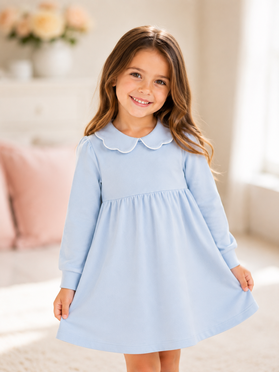 Girl's Scalloped Collar Long Sleeve Dress – Empire Waist │ Cotton Blank with White Contrast Piping │ 5 Colors │ Sizes 12M–10