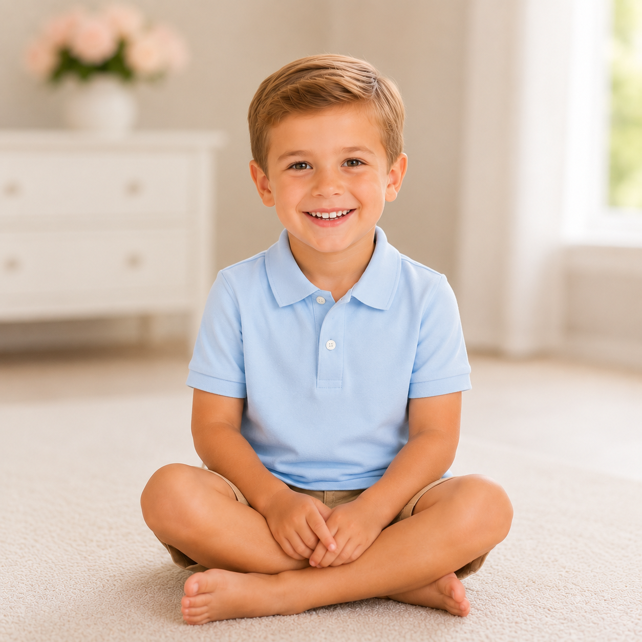 Little 5 year old boy in Boy's Short Sleeve Polo Shirt, 100% cotton blank, sizes 12M–10 — ARB Blank