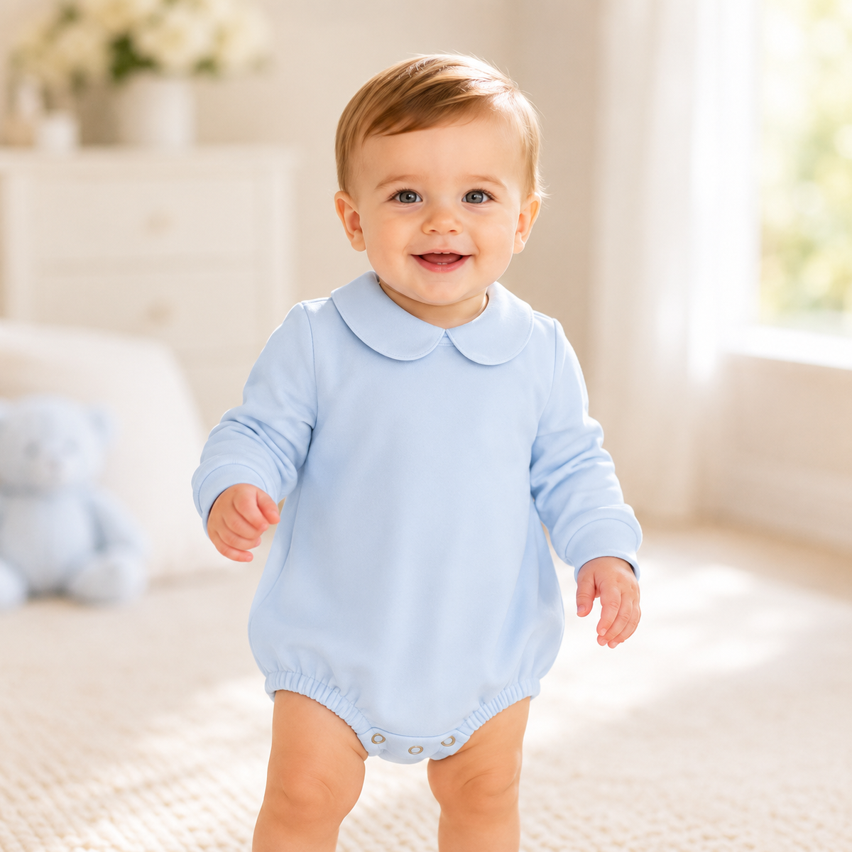 Boy's Peter Pan Collar Long Sleeve Bubble Romper – Cotton Blank for Embroidery │ 4 Colors │ 3M–2T