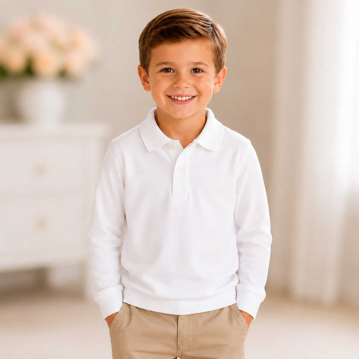 Boy's Long Sleeve Polo Shirt | Cotton Blank for Embroidery │ 4 Colors │ Sizes 12M–10