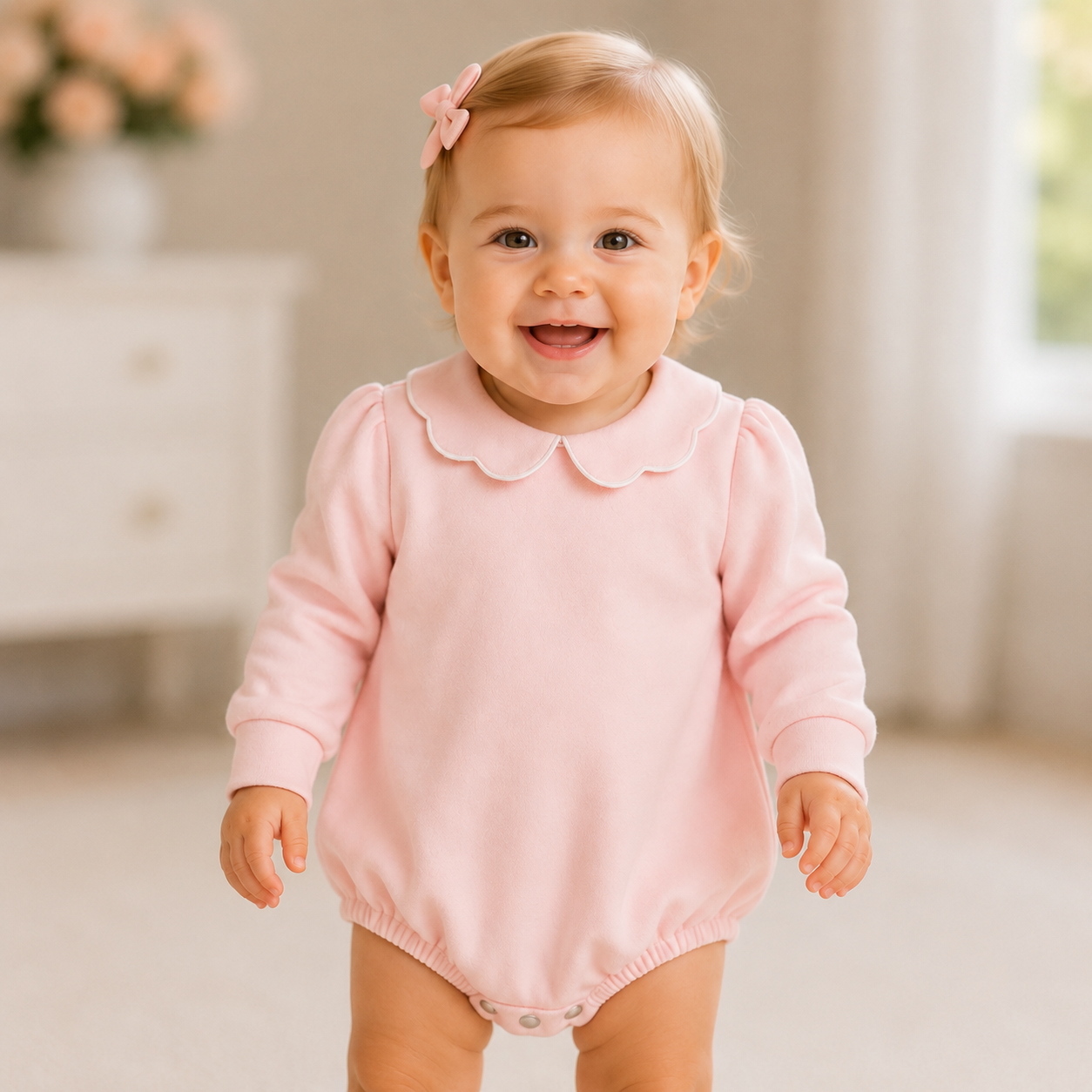 Baby girl in Girl's Scalloped Collar Long Sleeve Bubble Romper, 100% cotton blank,  sizes 3M–2T — ARB Blanks