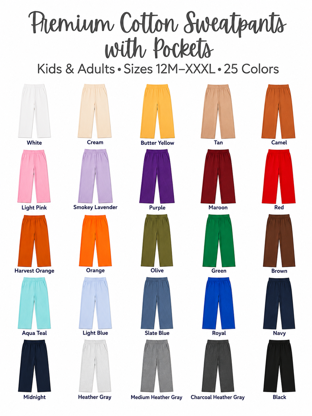 Adult Premium Cotton Sweatpants with Pockets | PRE-ORDER | Embroidery, HTV & DTF Blank | 25 Colors
