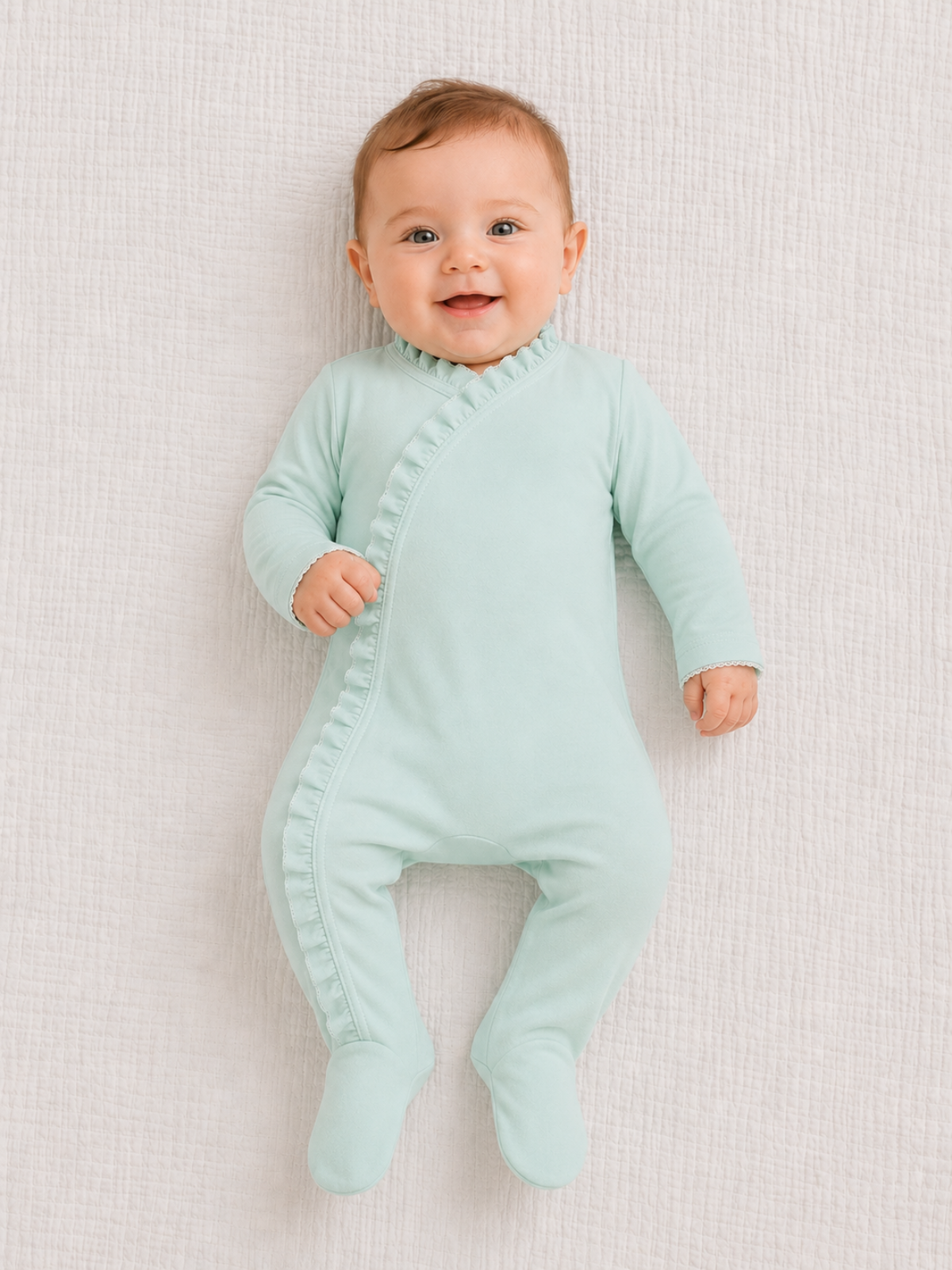 Mint ruffle baby footie blank, delicate ruffle trim, snap closure, boutique baby blank — ARB Blanks