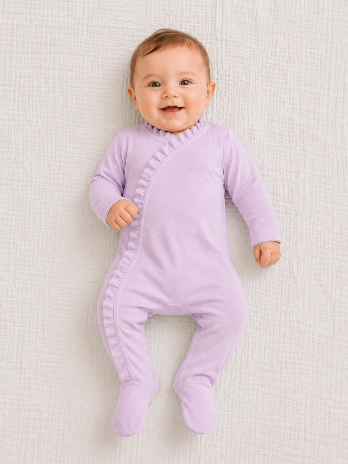 Lilac ruffle baby footie with fold-over cuffs, cotton embroidery blank, newborn through 12-18M — ARB Blanks
